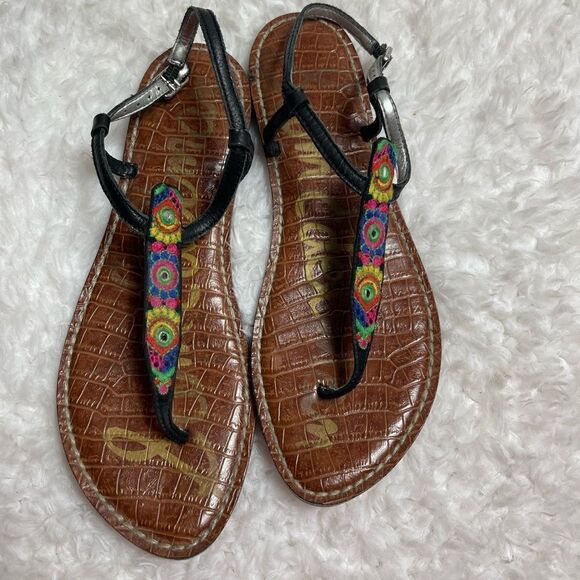 Sam Edelman Gigi leather multi color embroidery black T Strap thong sandals SZ9M - Picture 1 of 7